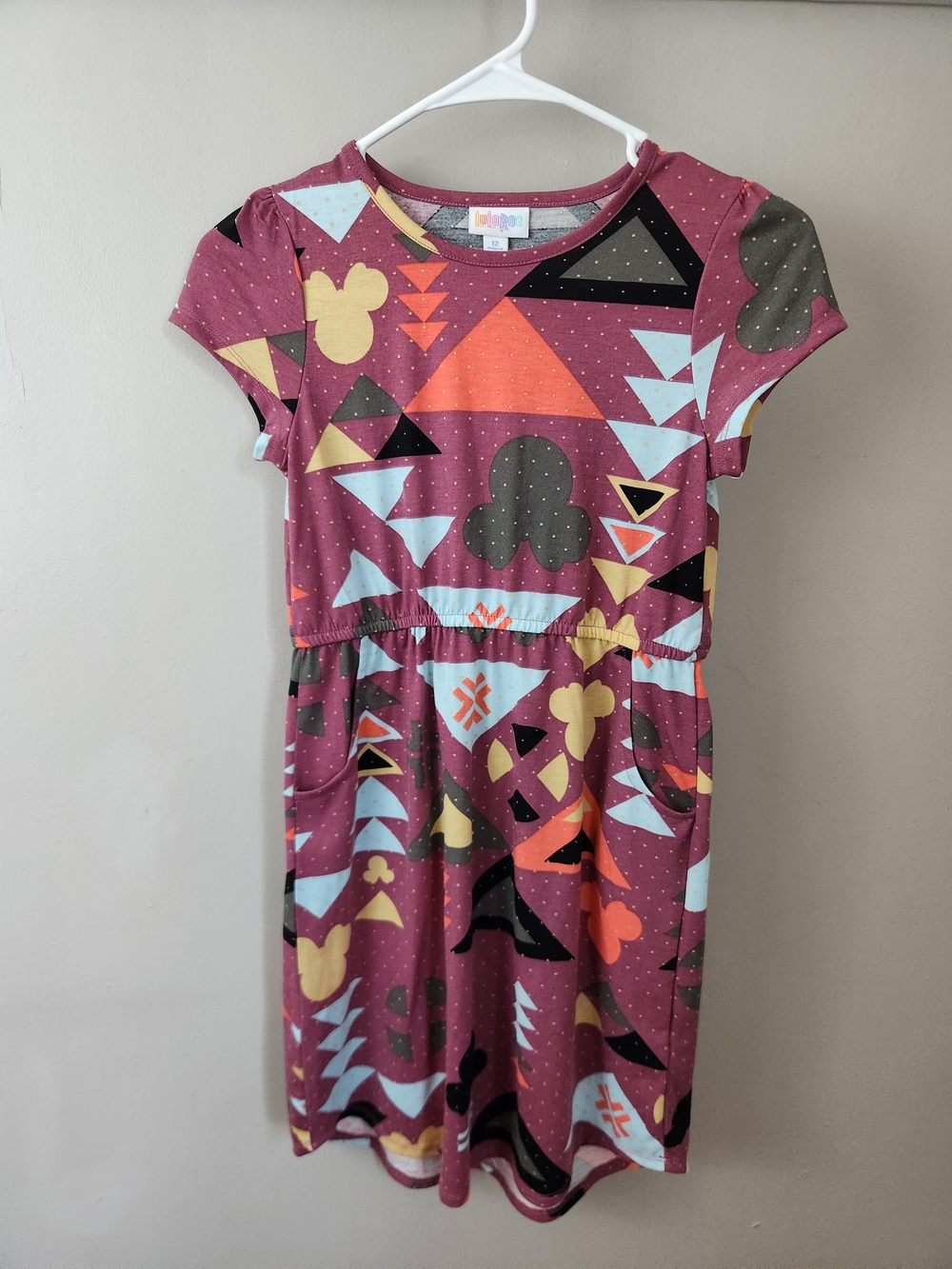 Girls Disney Print Short Sleeve Dress Mickey Heads Pockets Soft Tunic Triangles